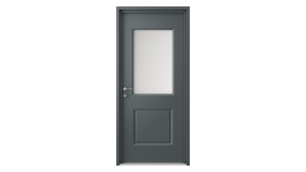 Porte d'entrée acier GLENAN Porte d'entrée grise moderne avec surface vitrée sur la moitié de la porte en partie haute